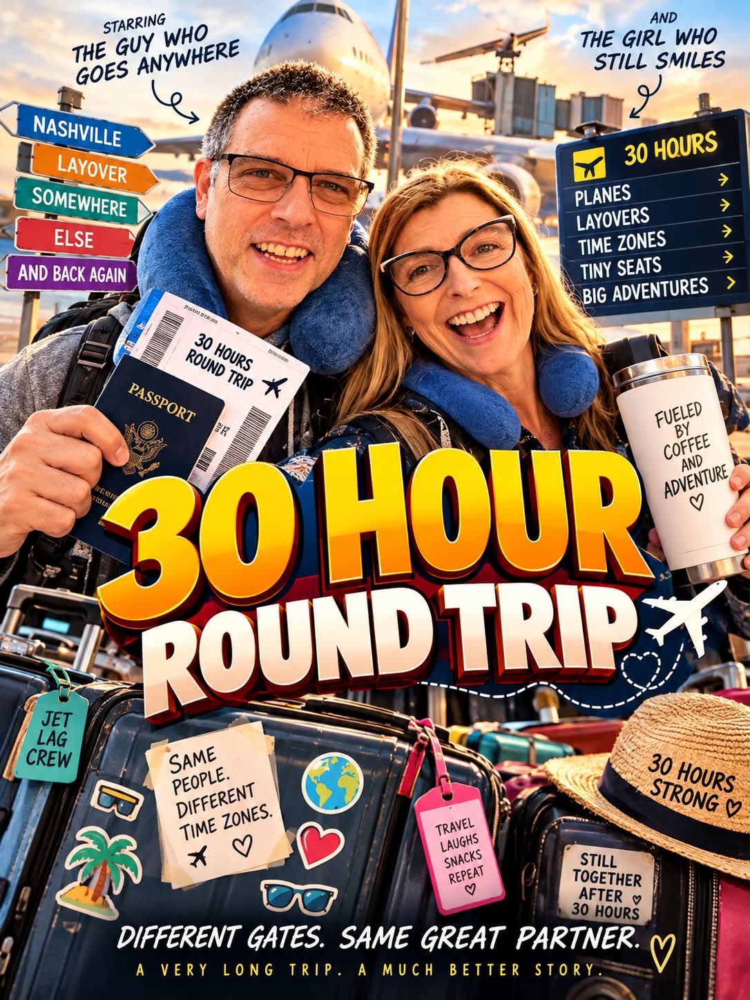 We really did a 30 hour round trip this week. Dolly Airport to Denver Airport and back. 

Prompt is in the comments.