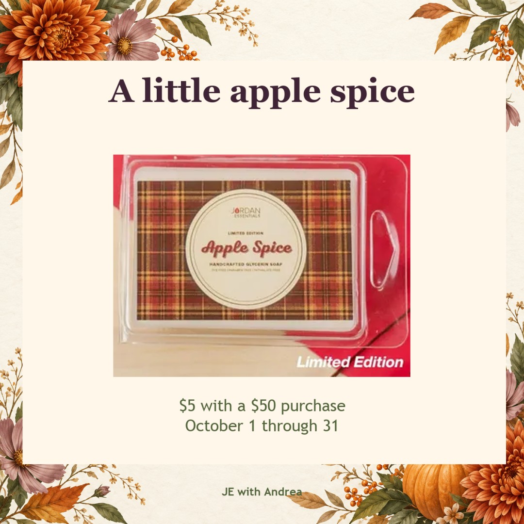 Hello, October! 🍎 A fresh month, cozy scents, and a little something for your fall order.

The October customer special is Apple Spice handcrafted glycerin soap for $5 with a $50 purchase, October 1 through 31.

Need help putting an order together? Message me, and we can look at the catalog together.