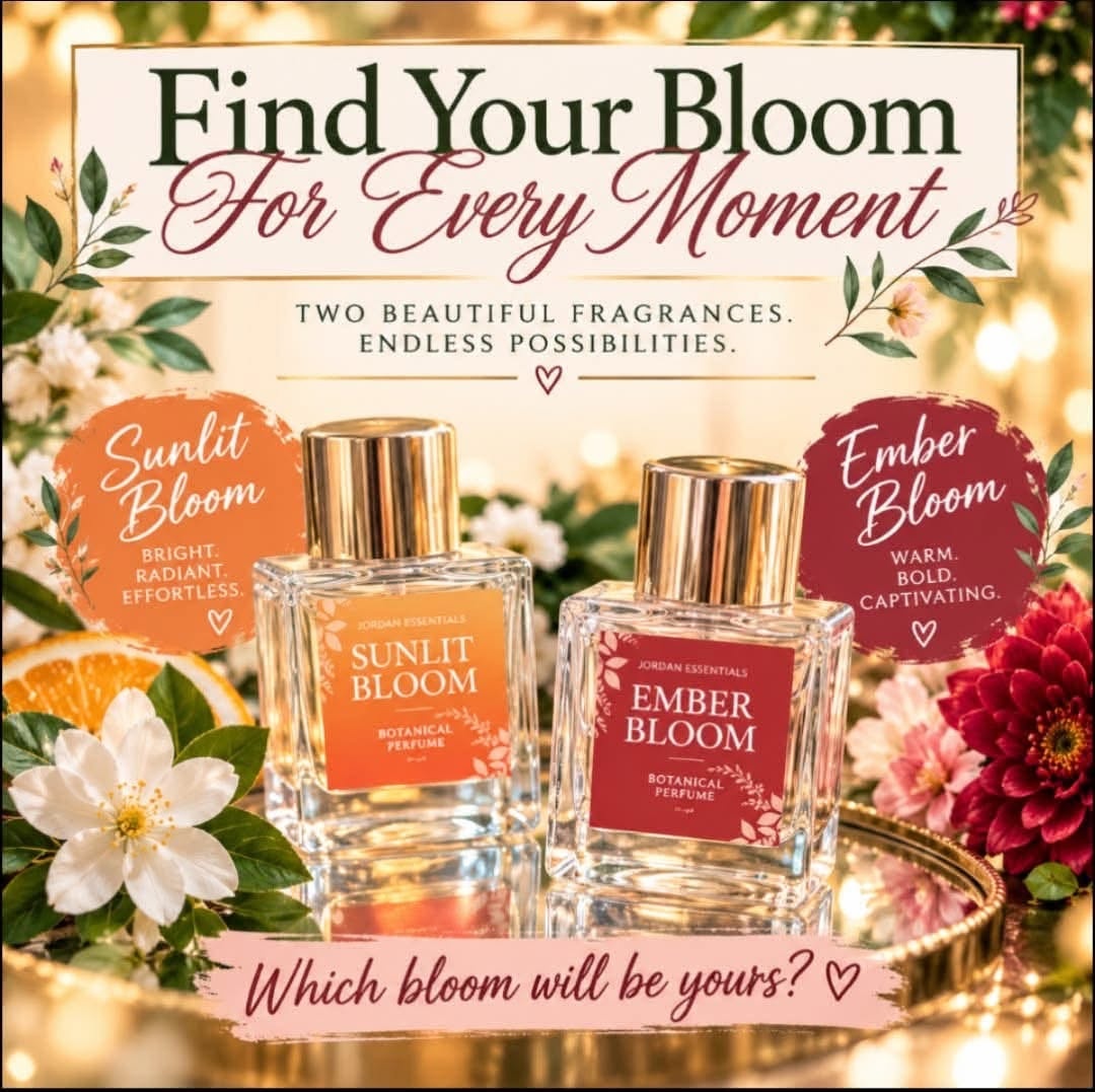 🌸 Two beautiful perfumes. Two different moods. Which one is YOU?

Some days you want to feel fresh, feminine, and carefree. Other days, a little bold and sophisticated! Why not have a fragrance for BOTH? 💕

Meet Sunlit Bloom and Ember Bloom, two beautiful Botanical Perfumes from Jordan Essentials!

☀️ SUNLIT BLOOM is bright, fresh, and feminine, with notes of sweet orange, peony, peach, and copaiba. Like carrying a little sunshine wherever you go!

🍒 EMBER BLOOM is warm, romantic, and sophisticated, with notes of black cherry, jasmine, lavender, and balsam. Perfect when you want something a little more captivating!

Both are thoughtfully crafted with organic sugarcane alcohol and phthalate-free fragrance oils.

💕 Why settle for one signature scent when you can have one for every mood?

🛍️ Treat yourself to a new Botanical Perfume TODAY! Choose Sunlit Bloom, Ember Bloom, or grab BOTH so you're ready for any occasion!

Send me a private message with BLOOM to place your order today!